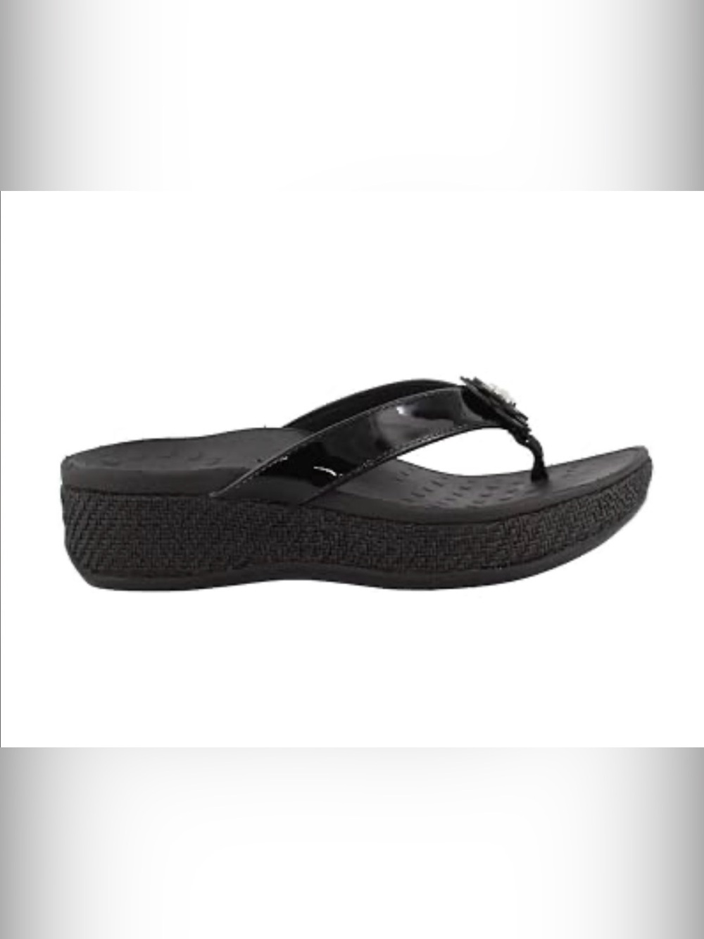 Vionic Black Platform Toe-Post Sandals with Glossy Strap